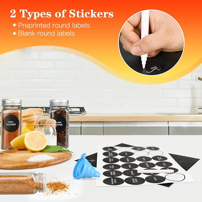 DkOvn 12pcs Glass Spice Jars with Labels, 6oz Empty Spice Jars with Mental Caps, Shaker Lids, Collapsible Funnel, Chalk Pen, Seasoning Organizer for Spice Rack