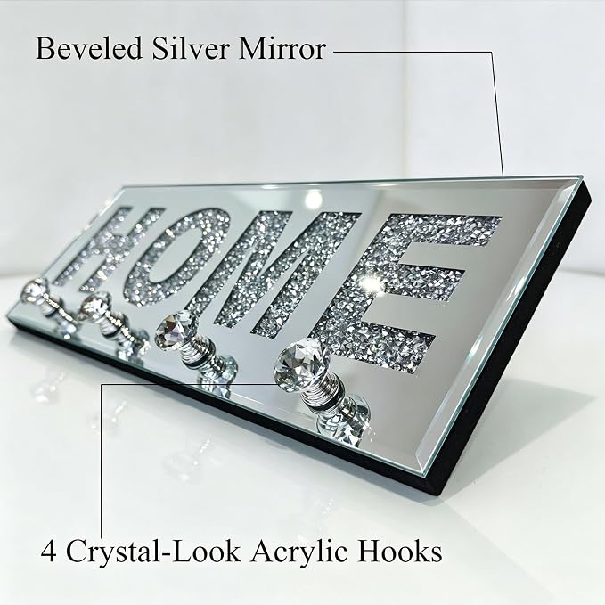Crushed Diamond HOME Key Holder, Silver Mirror Wall Decor,11.8" ,4 Hooks | crushed diamond silver mirror with safe beveled edges,4 2-lb capacity acrylic hooks ,shatterproof, for keys/scarves/bags etc.