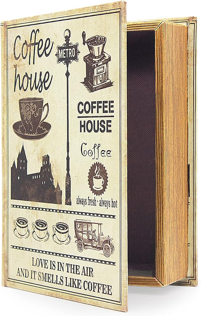 PACOLO Decorative Book Boxes, Faux Wood with Magnetic cover Storage for Hidden Jewelry, Money, and Cash (Coffee house)
