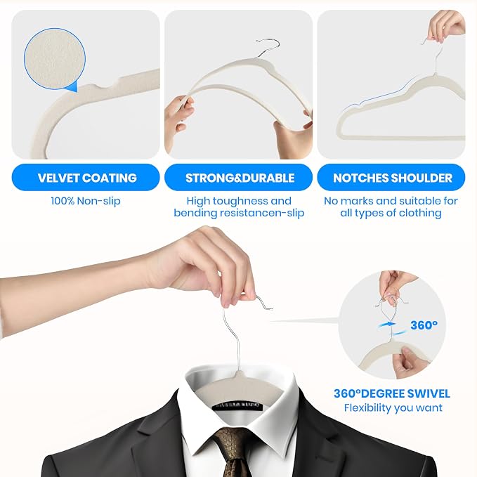 YSSOA Velvet Hangers 70 Pack, Non-Slip Clothes Hangers with Shoulder Notches, 360° Swivel Hooks, Heavy Duty Standard Hanger for Closet Space Saving, White