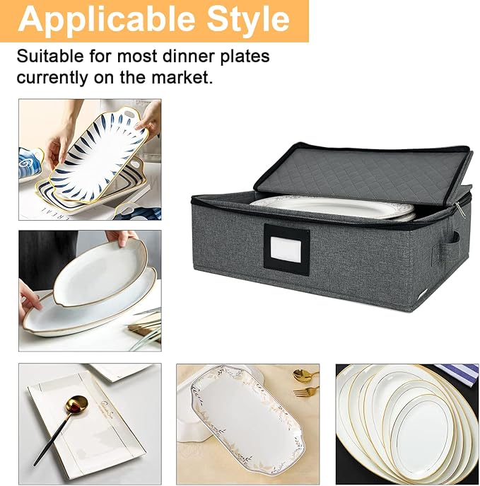 homyfort Platter Storage Case - Stackable China Storage Containers Hard Shell with Durable Zipper & Label & Sturdy Handles, 5.3” Height, Structured Top, 4 Felt Dividers Included (Dark Gray)