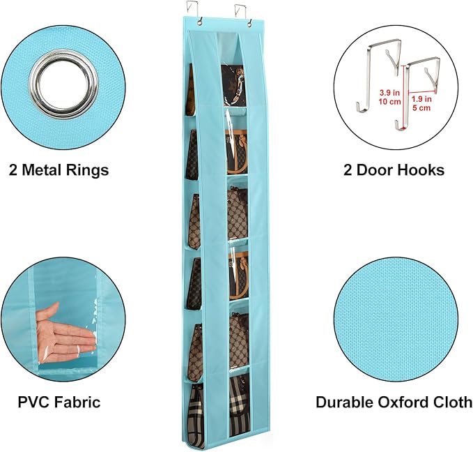 Lirex Over The Door Purse Organizer, Space-Saving Medium and Large Handbag Storage Organizer Clothing Closet Hanger, Light Blue