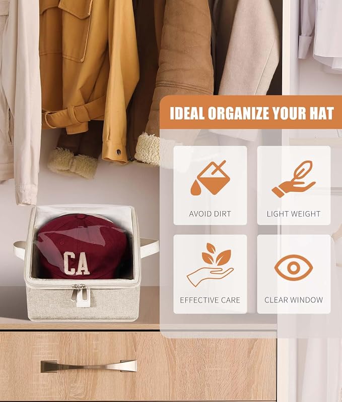 Livelab Hat Organizer for Baseball Caps, Hat Storage Holder Container for Closet Hold Up to 12 Caps with Clear Window, Hat Boxes for Home Storage | 2Pcs Beige