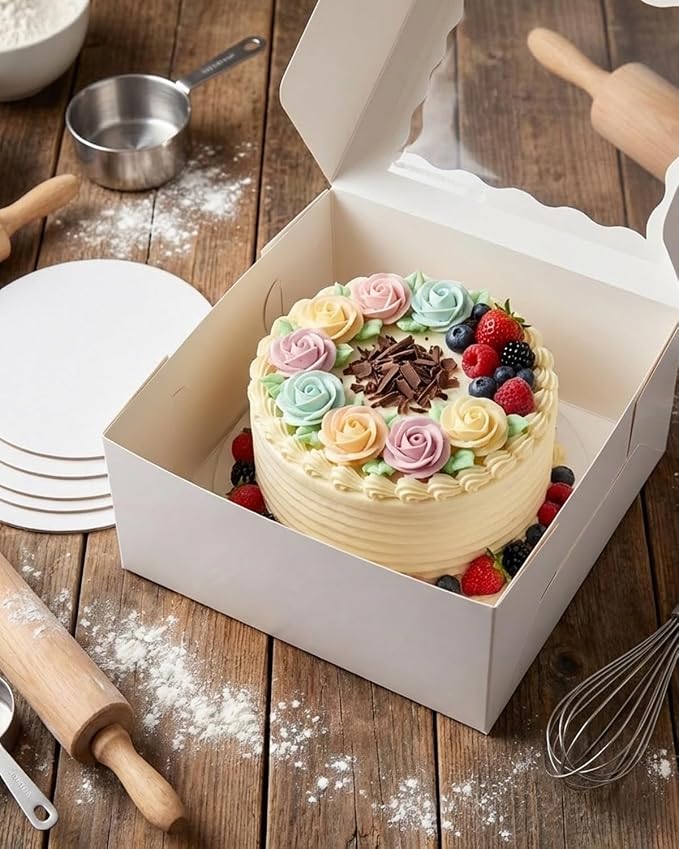 qiqee White 6"x6"x5" Cake Box 36Pcs, 6" White Cake Round Boards 36Pcs, for Cake, Treat Cookie Dessert, Birthday Party