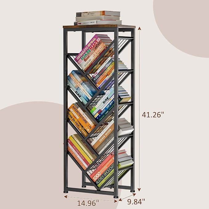 Cutogxon Tree Bookshelf - 9 Tier Visual Metal Floor Standing Book Shelf with Wooden Top for Living Room Bedroom Black