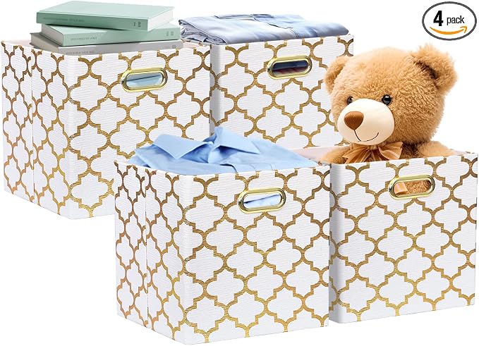 Posprica 11x11x11 Storage Cube Bins, Collapsible Storage Bins Fabric Storage Cubes Organizer Baskets Box Drawers for Shelves, Closet, Wardrobe, Bookshelf, Cabinet, Cream/Gold Lantern, 4 Pack