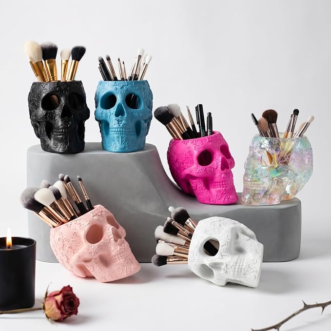 Skull Makeup Brush, Candy Bowl & Pen Holder, Bowl, Spooky Goth Decorations, Extra Large, Strong Resin, Skeleton Skulls and Bones Organizer Bathroom Trick Or Treat Decor by Gute (White)