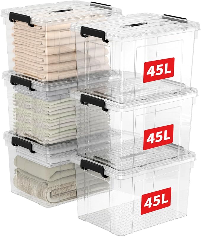 Cetomo Lidded Storage Bin with Handle, Tote Organizing Container with Durable Lid and Secure Latching Buckles, Stackable and Nestable, Plastic, 50 Quart-6 Pack, Clear