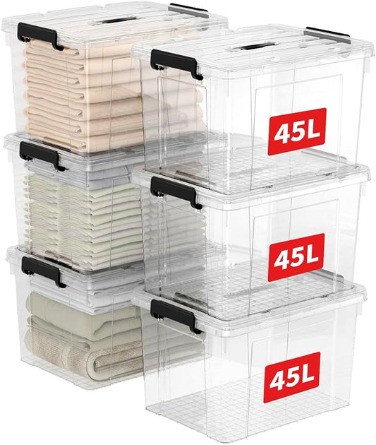 Cetomo Lidded Storage Bin with Handle, Tote Organizing Container with Durable Lid and Secure Latching Buckles, Stackable and Nestable, Plastic, 50 Quart-6 Pack, Clear