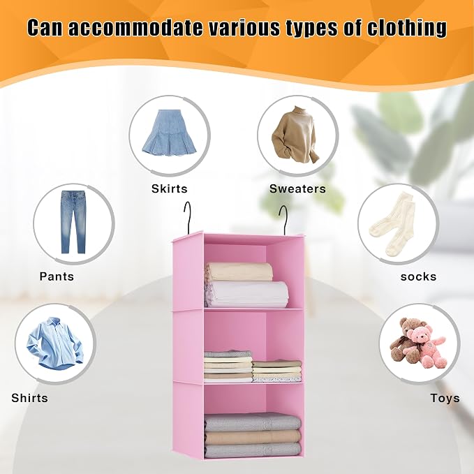Hanging Closet Organizer 3-Shelf, Oxford Fabric Wardrobe Storage, Pink | Easy-mount foldable design holds clothes, handbags, shoes & accessories; washable Oxford fabric, sturdy and space-saving.