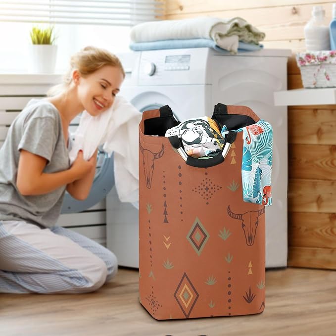 Western Bull Boho Terracotta Large Laundry Hamper Basket, Collapsible Laundry Bag Storage Bins Baskets with Handles for Laundry, Bedroom, Home Decor