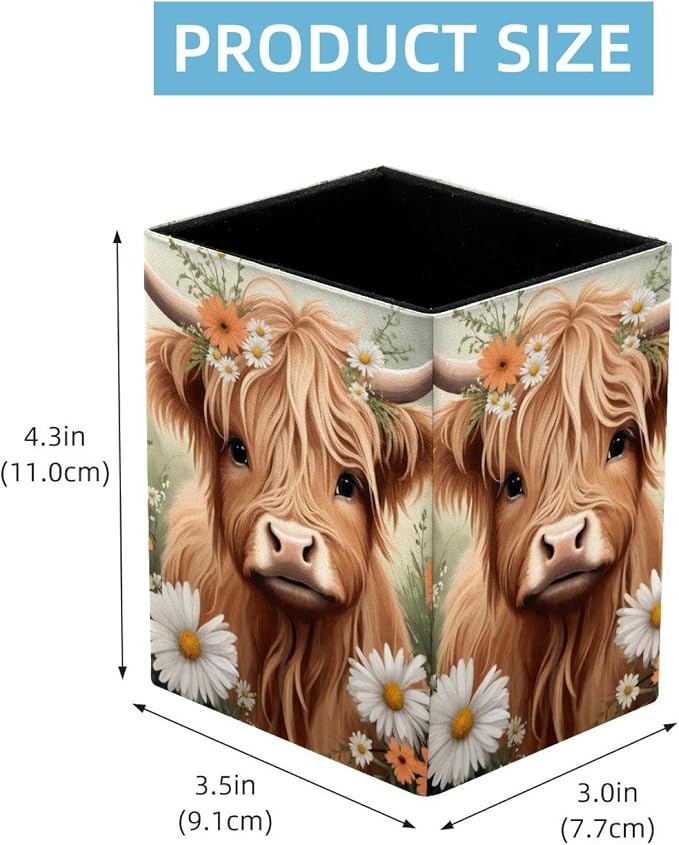 Pen Holder for Desk, Highland Cow Daisies Pencil Holder, Pen Cup Functional Desk Organizer for Office Supplies