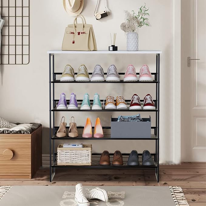 Garden 4 you Shoe Rack for Entryway 5 Tiers 11.8" D x 29" W x 36.5" H, Metal Shoe Rocks with White Wooden Tabletop, Angled Shoes Rack with Adjustable Mesh Shelves for Entryway Hallway Closet