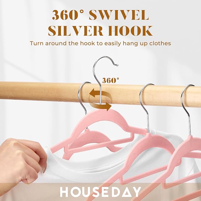 HOUSE DAY Premium Velvet Hangers 60 Pack, Non-Slip Hangers with Tie Bar | Elegance Pink Standard Clothes Hanger Slim Felt Hanger with 360° Swivel Hook for Closet Organized Storage，72g/Pc
