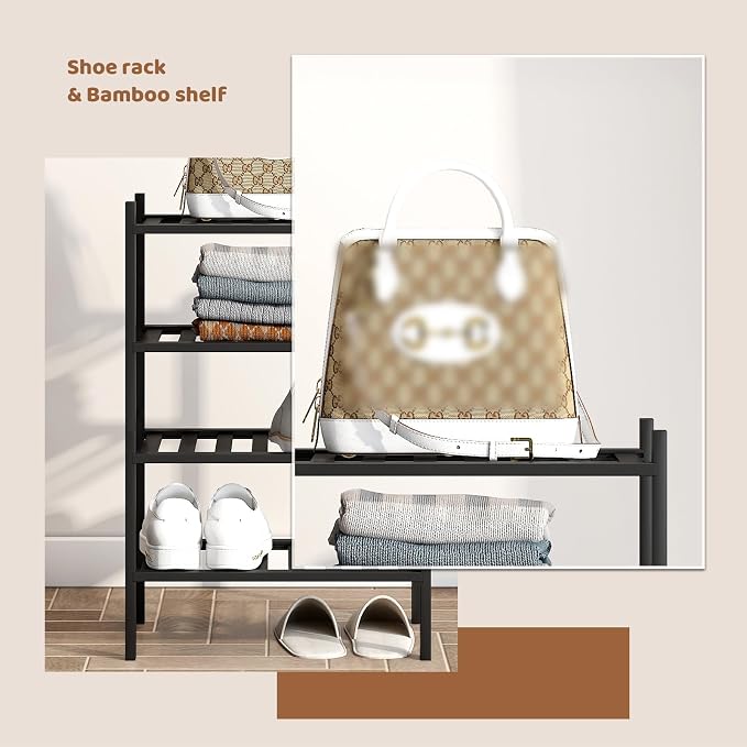 Bamboo Shoe Rack Stackable Shoe Shelf Storage Organizer for Unit Entryway Hallway and Closet Sturdy Freestanding Small Shoe Shelf(4S Tier Black)