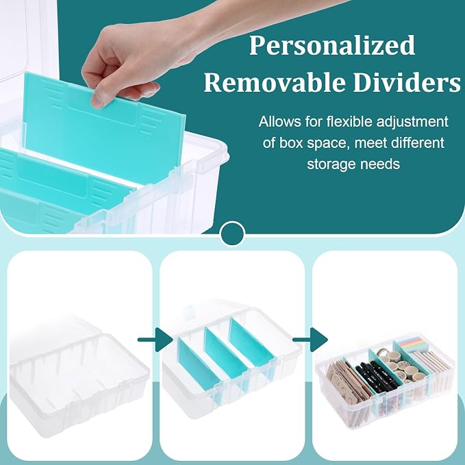 BTSKY Clear Plastic Dividing Storage Box with 4 Compartments Adjustable Storage Bin with Lid Plastic Craft Storage Container Multipurpose Sewing Box Art Supply Organizer, 13.3x8.1x3.4 Inches