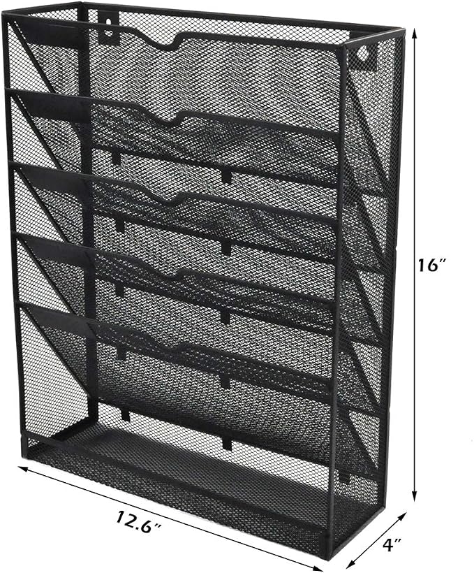 EASEPRES Desk File Organizer Mesh 6-Tier, Hanging Wall Mount Document Organization Stand, Desktop Vertical Mail Paper Folder Holder Rack with Bottom Tray for Office Home Cubicle, Sides Closed, Black