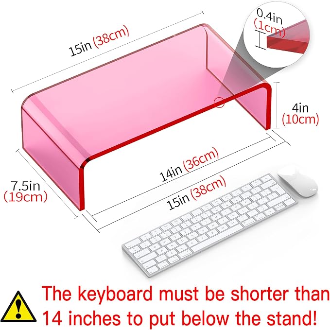 Acrylic Monitor Stand Riser L15''xW7.5''xH4'' Acrylic Laptop Stand Riser for Desk Clear Computer Monitor Stand for Desk Office Organizer for Office Home Bright Pink
