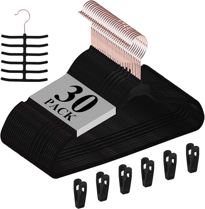 VECELO Premium Velvet Clothes Hangers Suit Heavy Duty (30 Pack)-Non Slip & Space-Saving with 6 Finger Clips & Tie Rack Excellent for Men and Women，Black