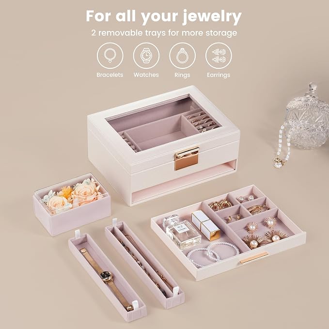 Lolalet Jewelry Organizer with Glass Lid, 2-Layer Jewelry Box Case with Drawer, Earrings Watch Ring Display Storage -Beige