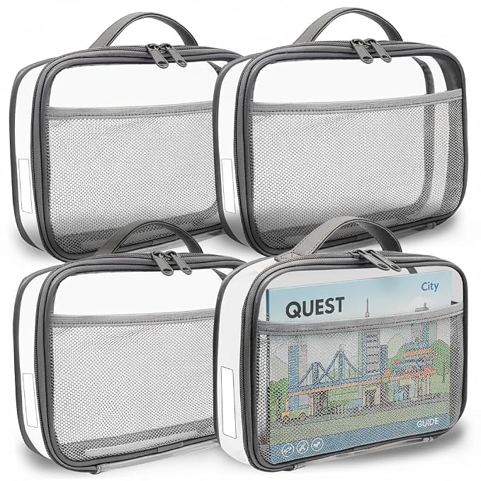 holay 4 Packs PVC Toy Storage Organizer with Zipper, Name Tag & Manual Pocket, Clear Durable Case for Blocks, Clay, Board Games, Travel (Gray, Small)