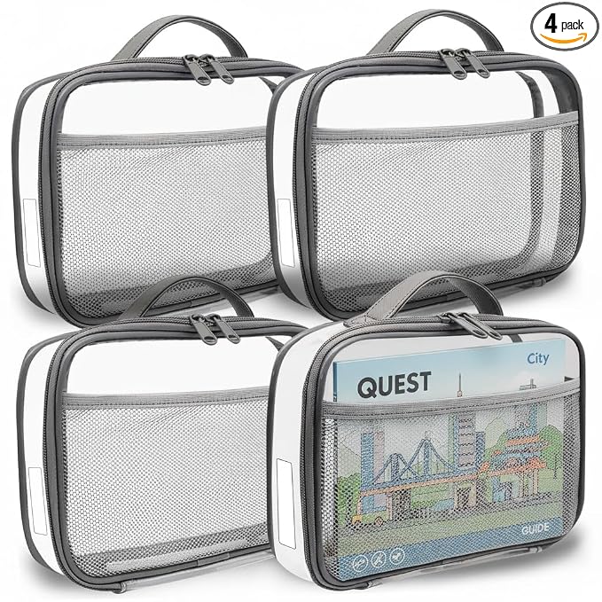 holay 4 Packs PVC Toy Storage Organizer with Zipper, Name Tag & Manual Pocket, Clear Durable Case for Blocks, Clay, Board Games, Travel (Gray, Small)