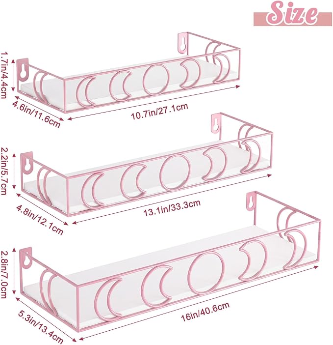PHAREGE Moon Phase Floating Shelves White Pink, Set of 3 | Small Decorative Wall Shelves for Book Plant Storage, Crystal Figurine Collectibles Display Shelf for Bedroom Kid Room