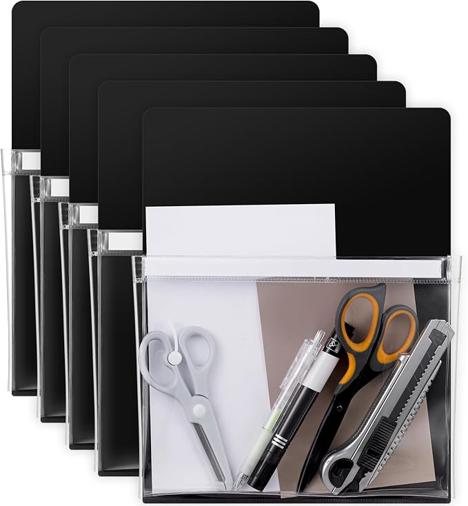 Henoyso 5 Pcs Magnetic File Holder Paper Holder Magnetic Pen Dry Erase Marker Organizer Fridge Pocket Organizer for Whiteboard Refrigerator, 12 x 9.5 in (Black)