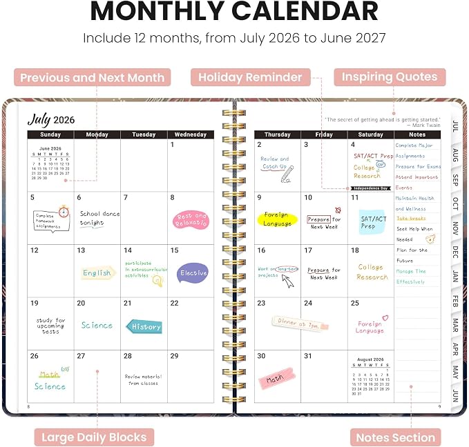 Planner 2026-2027, Hardcover Monthly and Weekly Academic Planner July 2026 - June 2027, Teacher and Student Calendar Agenda Book with Tabs, A5 (6.3" x 8.5"), Ideal for School and Office, Floral Planner, Duskwave Reef