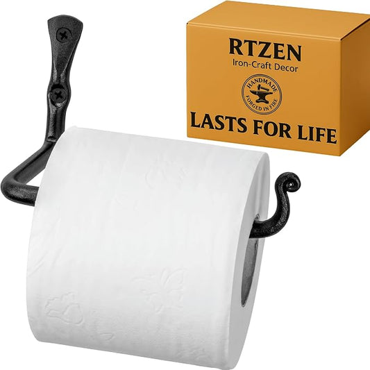 RTZEN Bathroom Toilet Paper Holder - Handcrafted Rustic Wrought Iron Wall Decor Toilet Roll Holder - Black Matte Wall Mount Bar for Modern Farmhouse Bathroom Decor