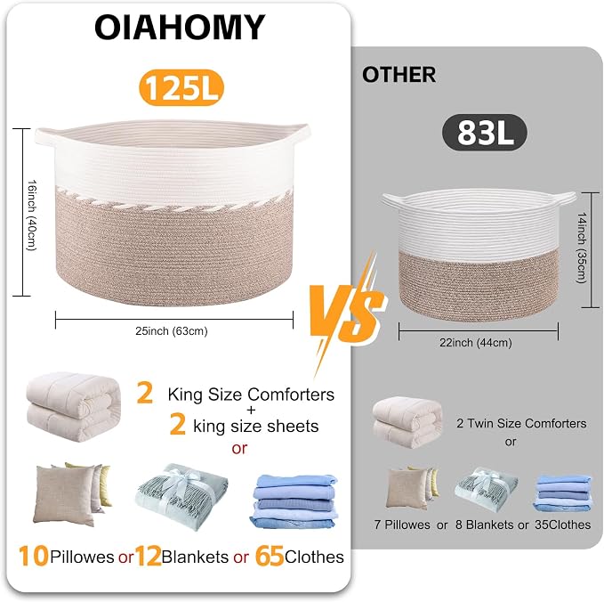 OIAHOMY 125L Extra Large Blanket Basket, 25" x 16", Jumbo Laundry Hamper, Cotton Rope Basket with Handles for Living Room,Baby Toy Storage Bins, Brown