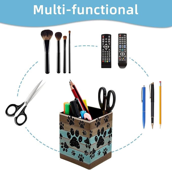 Pen Holder for Desk, Teal Brown Wood Grain Galaxy Paws Pencil Holder, Pen Cup Functional Desk Organizer for Office Supplies