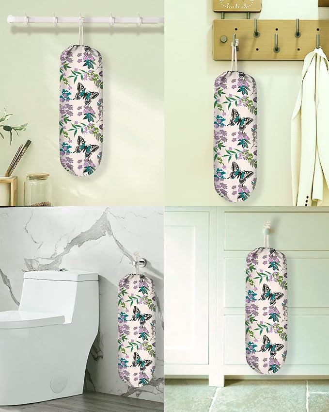 Plastic Bag Holder Organizer - 1 Pack Reusable Canvas Grocery Bags Holder Hanging Wall Cute Aesthetic Shopping Bag Storage Dispenser with Drawstring Closure for Kitchen Home, Butterfly