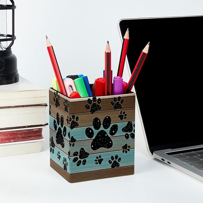Pen Holder for Desk, Teal Brown Wood Grain Galaxy Paws Pencil Holder, Pen Cup Functional Desk Organizer for Office Supplies