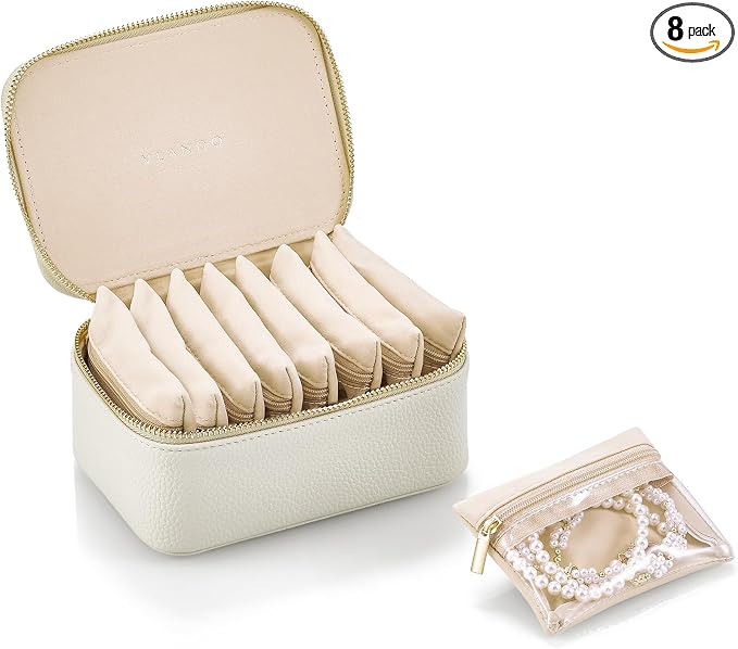VLANDO Travel Jewelry Case with 8 Velvet Jewelry Bags Jewelry Travel Organizer Box for Girls Jewelry Box for Rings Earrings Brides Gifts Birthday Gifts for Women Teen(White)