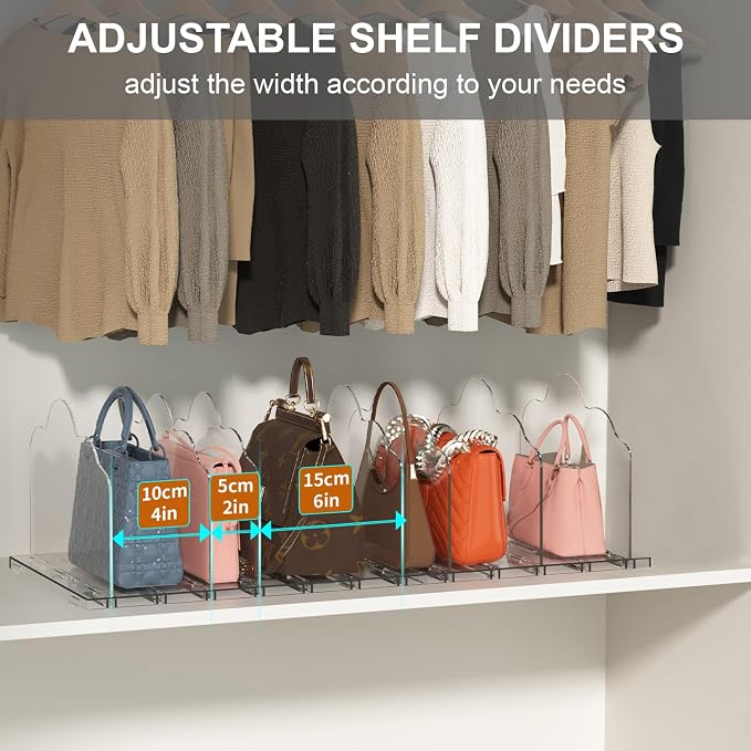 ANTOWIN 2 Pack Clear Adjustable Purse Organizers for Closet, Shelf Divider, Handbag Separators Storage Organizer for Bedroom, Office, Easy to Install and Clean