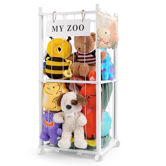GLDZI Stuffed Animal Storage Zoo with Wheels, Wooden Stuffed Animal Organizer with Elastic Cords, Space Saving Toy Plushies Storage Holder for Playroom, Bedroom, Living Room(White, Small)