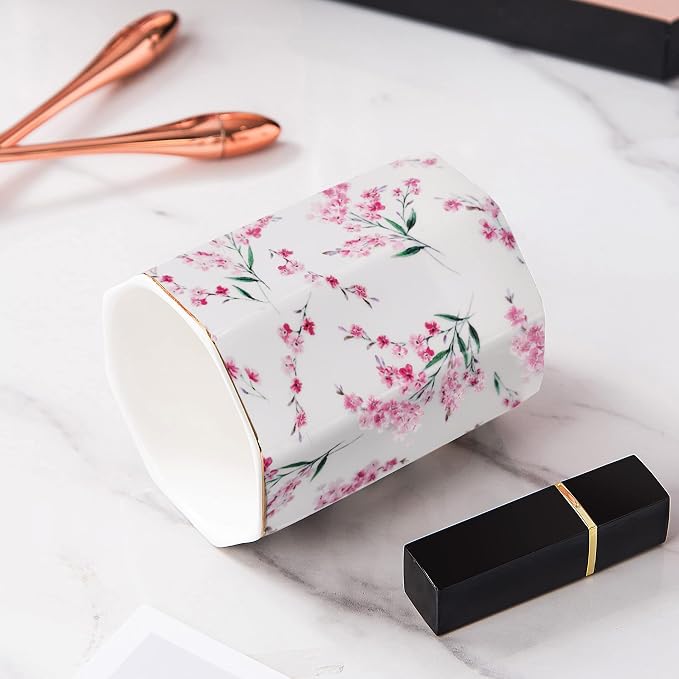Pen Holder Stand for Desk Floral Pattern Pencil Cup for Girls Kids Durable Ceramic Desk Organizer Makeup Brush Holder for Office Classroom Home Pink Flowers