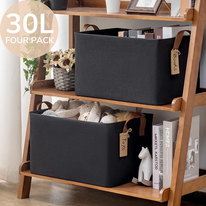 CHICVITA Storage Baskets for Shelves, Large Fabric Storage Bins with Metal Frame, Closet Storage Bins for Clothes Toy Organizer, 16 ¾" L x 11" W x 9 ¾" H, Black, 4-Pack