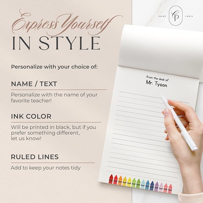 Curio Press Personalized Notepad 50 or 100 Sheets, Custom Stationery Note Pad 3 Sizes - Custom Crayons End-of-Year Teacher Gifts Appreciation Note with Name Teacher Stationery Gifts - Crayons Pad