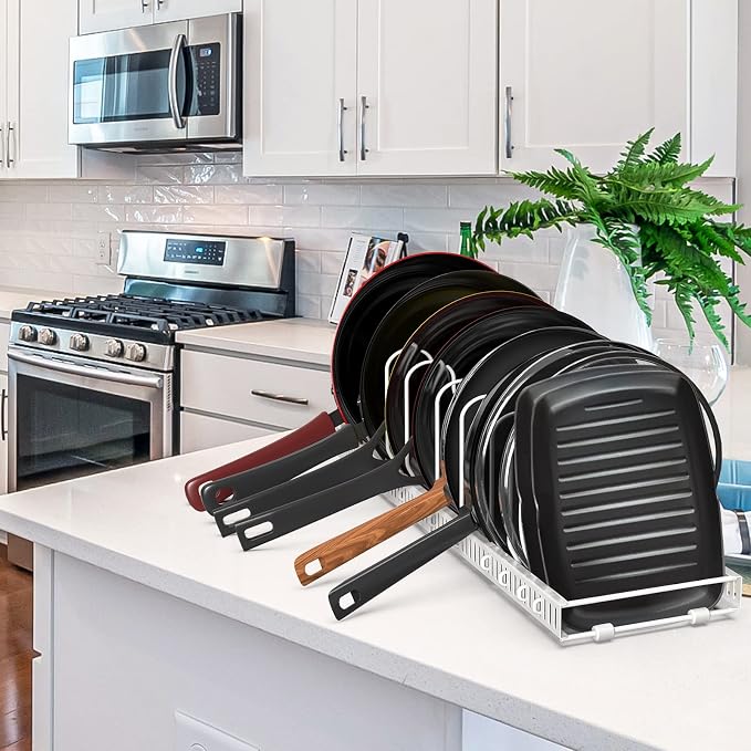 Puricon Pots and Pans Organizer Under Cabinet, Expandable Pot Rack with 10 Dividers, Lid Organizers Inside Cabinet, Cutting Board/Cookware/Bakeware/Baking Storage Holder for Kitchen -White