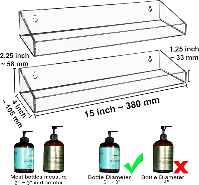 AMT 2 Pack Acrylic Floating Shelves, 15" L x 4" W, Clear Bathroom Wall Shelf, Bookshelves, Invisible Display for Office, Bedroom, Small Gap Allows Water to Escape, Free Screws & Drill Bit (Large)