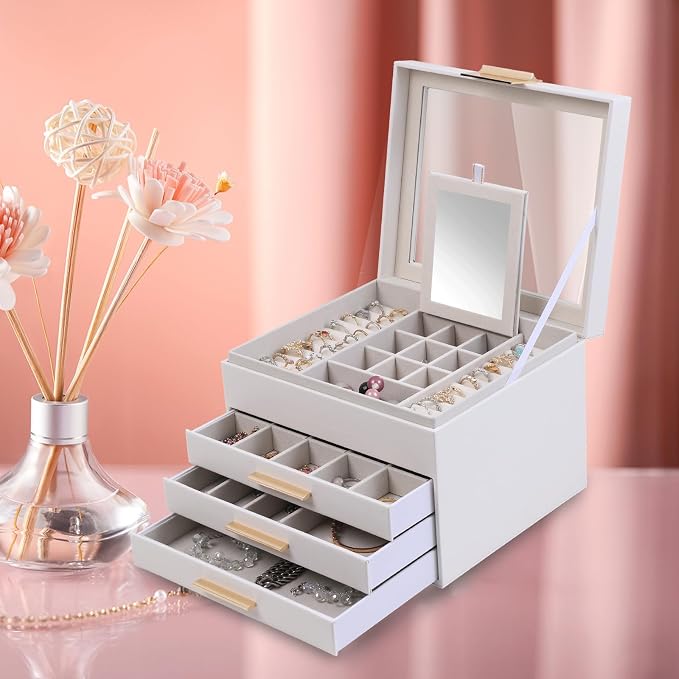 BOOVO Clear Lid Jewelry Box,3 Layers Jewelry Organizer Large Jewelry Storage Box with 2 Drawers,Jewelry Holder Organzier of Rings Earrings Necklace Bracelets for Women (White, 4 Layer)