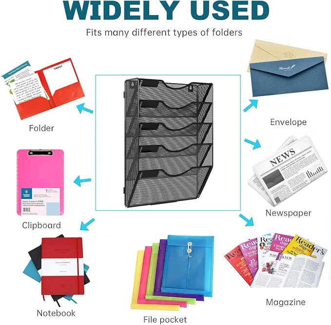 PAG Hanging Wall File Holder, 5 Tier Mail Sorter for Wall, Mesh Office Wall Organizer For Papers/Folders/Files Clipboard & Magazine, Black