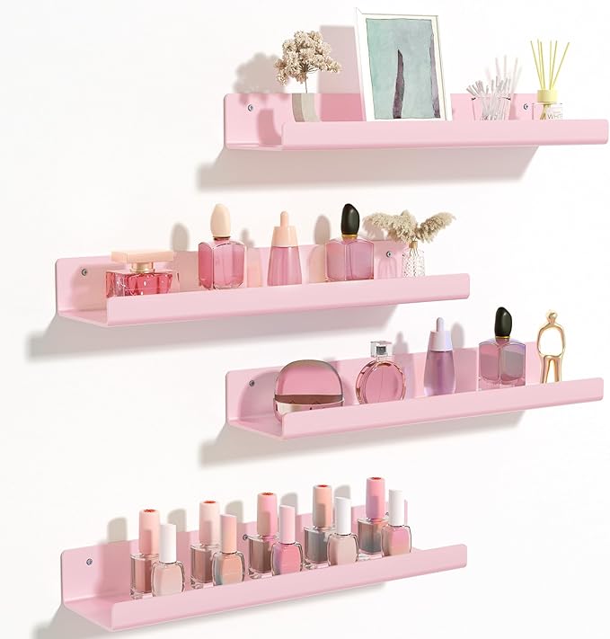 upsimples 4 Pcs 15" Acrylic Shelves for Wall Decor and Display, Pink | Cute Floating Shelf for Perfume, Skincare, Nail Polish, Wall Organizer for Bedroom, Living Room, Playroom, Room Décor