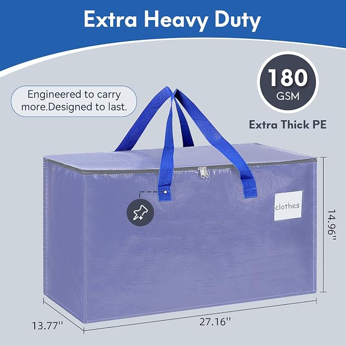 6-Pack Extra-Large Heavy-Duty Moving bags with Reinforced Handles, Durable Zippers & Waterproof Material — Perfect for Space-Saving, Storage, Shipping and Travel (Blue)
