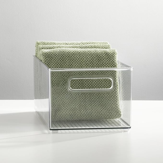 mDesign Plastic Bathroom Storage Container Bins w/ Handles - Closet, Cabinet, Vanity, Cupboard Shelf Organization, Hair Tools Accessory Organizer - Ligne Collection; Clear, 14.6x8.1x6 (Pack of 4)