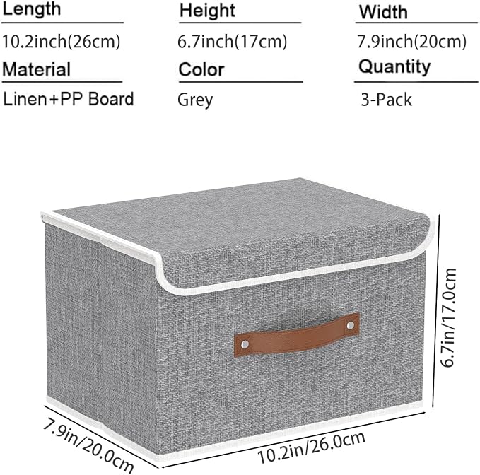Yawinhe Collapsible Storage Box, Cube Organizer Basket, Fabric Bin with Lids, Washable and Leather Handle for Shelves, Closet, Grey, 10.2x7.9x6.7 In, 3-Pack, SNK024GN-3