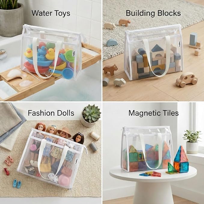 HOLAY 4 Pack Clear Toy Storage Bags with Handle – Playroom Organizer Bins for Kids Toys, Board Games, Busy Bags, and Homeschool Supplies, Transparent PVC Front & Reinforced Base(White, X-Large)