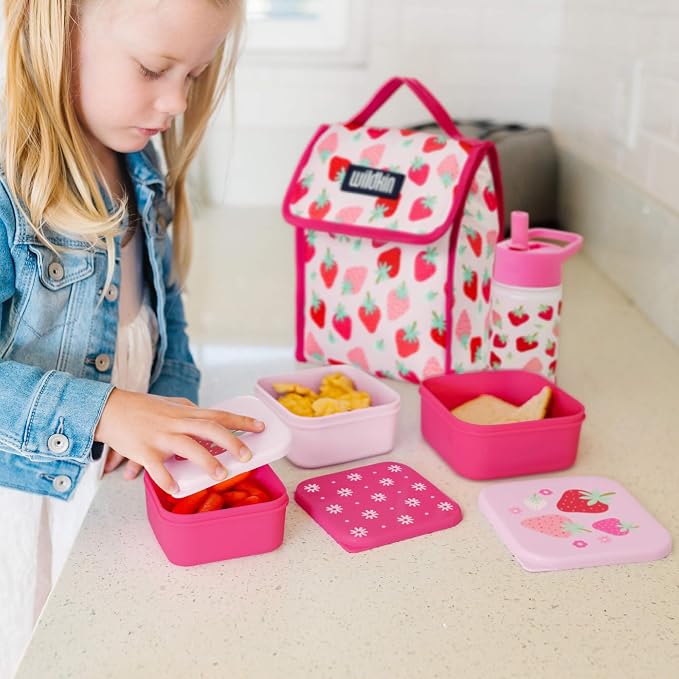 Wildkin Set of 3 Kids Nesting Food Containers for Girls – Stackable, Airtight & BPA-Free Snack Containers, Dishwasher Safe Lunch Box Containers for School & Travel, Ages 3–12 – Strawberry